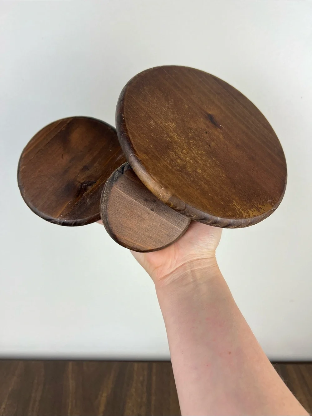 Set of 3 Round Walnut Wood Wall Hooks / Coat Hangers